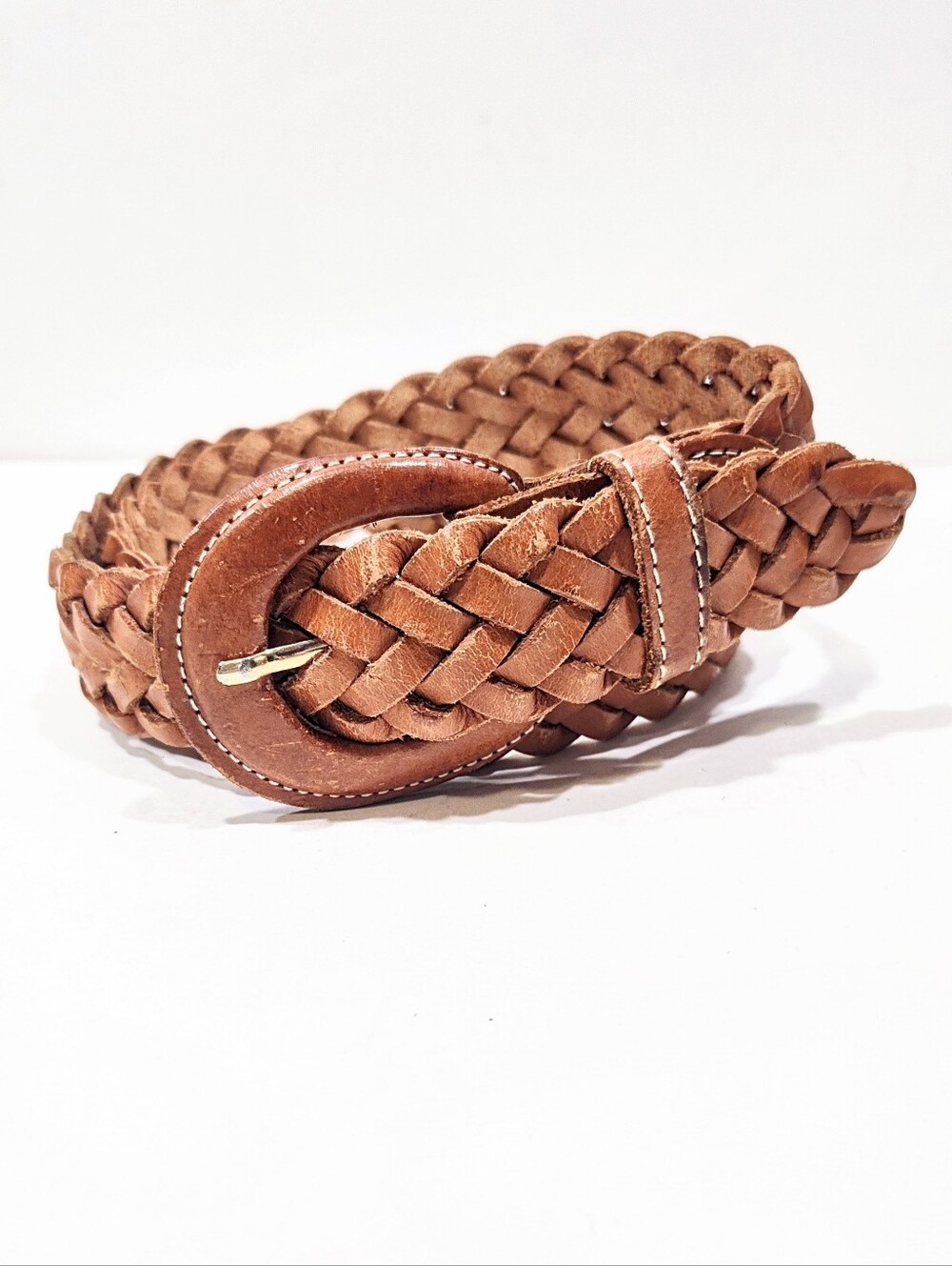 Argentina Braided Woven Leather Belt Womens Size ML Natural Tan Brown 1.3" Wide